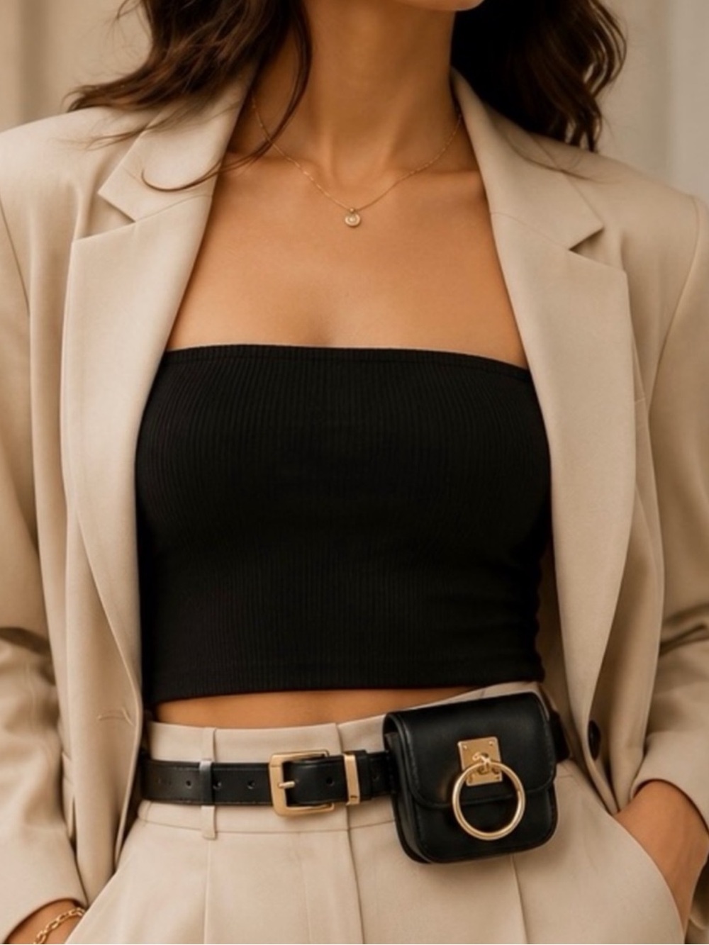 Black Vegan Leather Belt Bag with Gold Ring Hardware